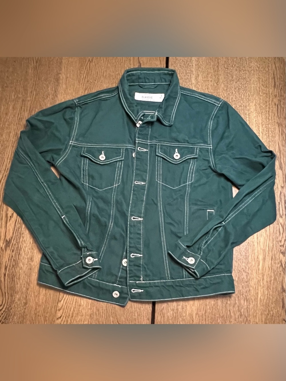 Topman Classic Green Denim Jacket Mens Small Contrast Stitch Button Trucker